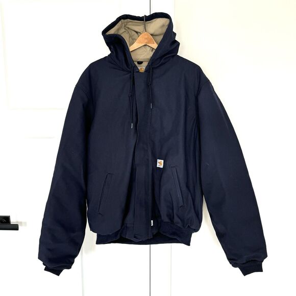 Carhartt FR Flame Resistant Duck Navy Lined Zip Hooded Jacket L Tall Vintage USA